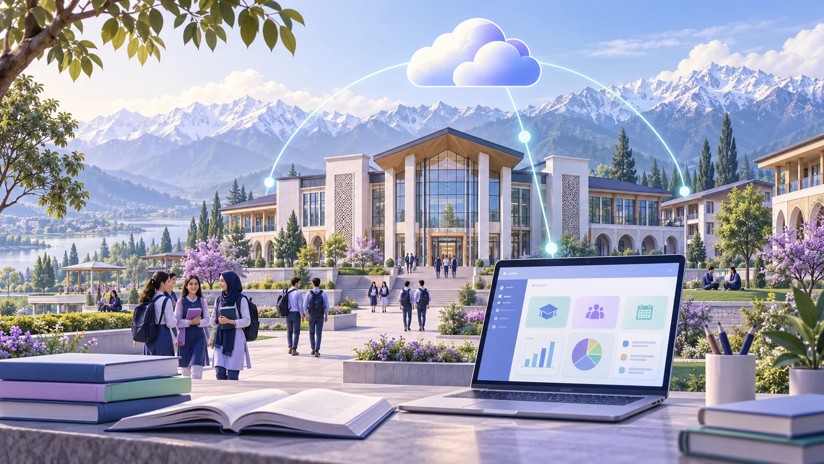 Illustration of an educational campus, books and digital management tools